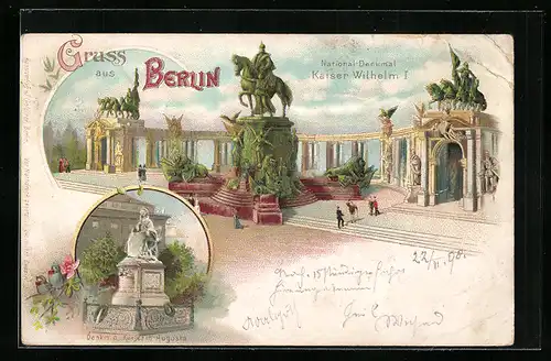 Lithographie Berlin, National-Denkmal Kaiser Wilhelm I., Denkmal d. Kaiserin Augusta