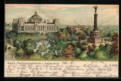 Lithographie Berlin, Reichstagsgebäude und Siegessäule aus der Vogelschau