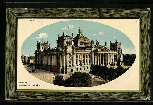 Passepartout-AK Berlin-Tiergarten, Reichstagsgebäude aus der Vogelschau