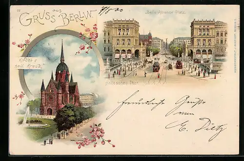 Lithographie Berlin-Kreuzberg, Belle-Alliance-Platz, Kirche zum heiligen Kreuz