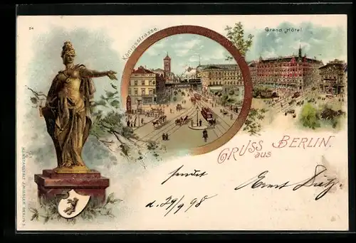 Lithographie Berlin, Königsstrasse m. Pferdebahnen, Grand Hotel