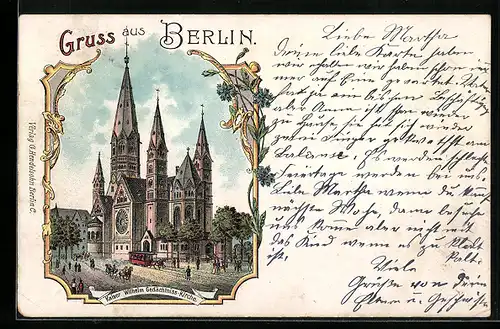 Lithographie Berlin-Charlottenburg, Kaiser Wilhelm Gedächtnis Kirche, Blumen