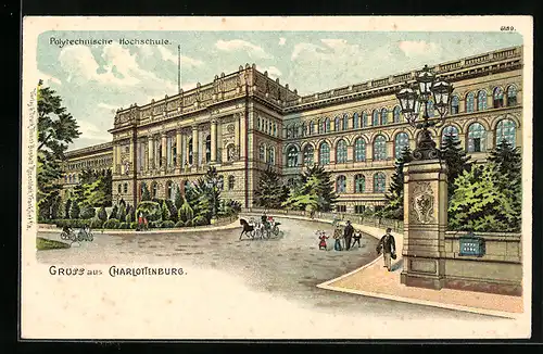 Lithographie Berlin-Charlottenburg, Polytechnische Hochschule mit Anlage und Passanten