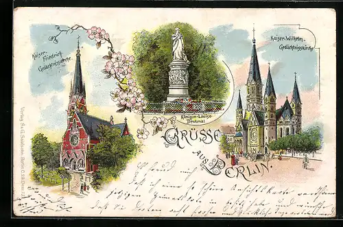 Lithographie Berlin-Tiergarten, Kaiser-Friedrich-Gedächtniskirche, Königin-Luise-Denkmal