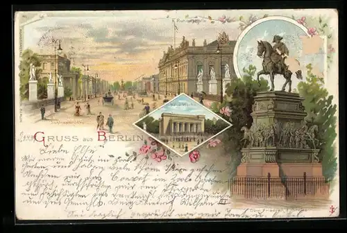 Lithographie Berlin, Schlossbrücke, Neue Wache, Ruhmeshalle, Denkmal Friedrich d. Grosse