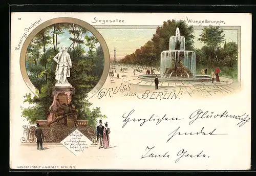 Lithographie Berlin-Tiergarten, Partie am Wrangelbrunnen, Lessing-Denkmal