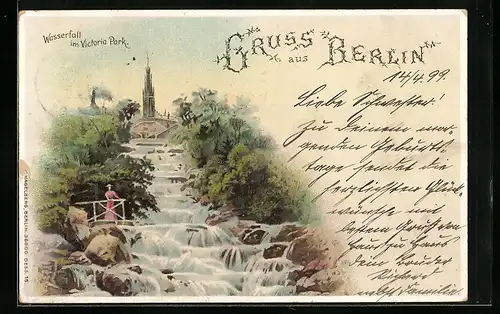 Lithographie Berlin-Kreuzberg, Wasserfall im Victoria Park mit Besucherin