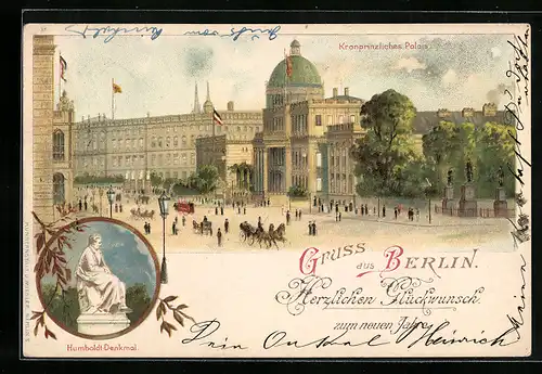 Lithographie Berlin, Kronprinzliches Palais, Unter den Linden, Humboldt-Denkmal