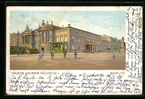 Lithographie Berlin, Passanten vor dem Palais Kaiser Wilhelm