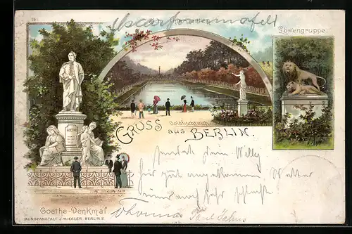 AK Berlin-Tiergarten, Goethe- Denkmal, Goldfischteich, Löwengruppe
