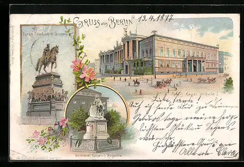 Lithographie Berlin, Palais Kaiser Wilhelm I., Denkmal Friedrich des Grossen, Denkmal Kaiserin Augusta