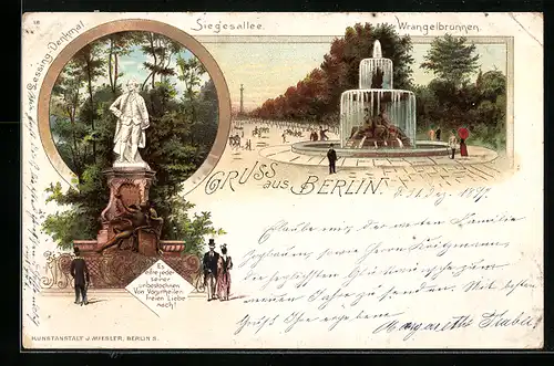 Lithographie Berlin-Tiergarten, Partie am Wrangelbrunnen, Lessing-Denkmal