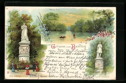 Lithographie Berlin-Tiergarten, Neuer See, Denkmal d. Königin Louise, Denkmal Friedrich Wilhelm III.