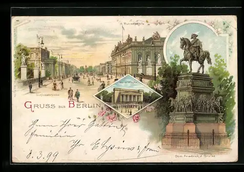 Lithographie Berlin, Schlossbrücke, Neue Wache, Ruhmeshalle, Denkmal Friedrich d. Grosse