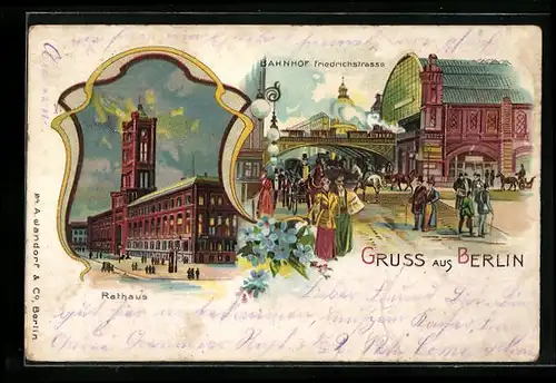 Lithographie Berlin, Bahnhof Friedrichstrasse, Rotes Rathaus