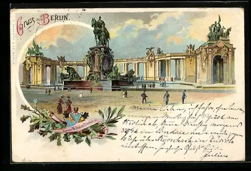 Lithographie Berlin, Flaneure am Kaiser Wilhelm-Denkmal