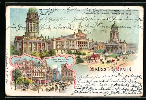 Lithographie Berlin, Gendarmenmarkt, Schauspielhaus, Unter den Linden Ecke Friedrichstrasse