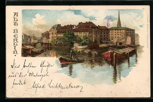 Lithographie Berlin, Uferpartie mit Booten