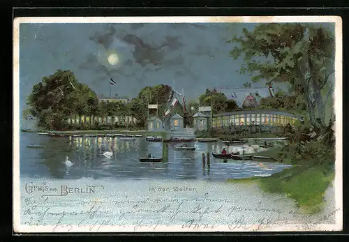 Lithographie Berlin-Tiergarten, In den Zelten mit Booten