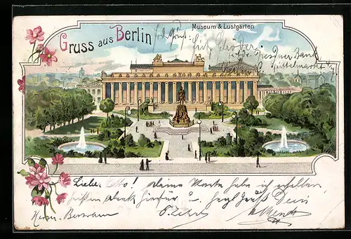 Lithographie Berlin, Museum & Lustgarten aus der Vogelschau