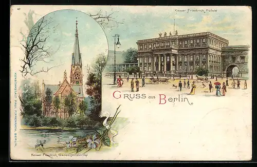 Lithographie Berlin, Kaiser Friedrich Palais und Gedächtniskirche