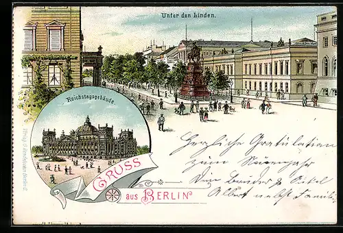 Lithographie Berlin, Unter den Linden, vor dem Reichstagsgebäude