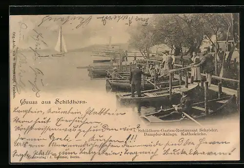 Lithographie Berlin-Grunewald, Restaurant Schildhorn Schröder, Dampfer-Anlage und Kaffeeküche