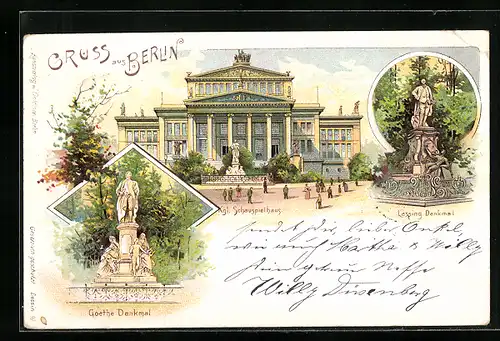 Lithographie Berlin, Gendarmenmarkt, Kgl. Schauspielhaus, Goethe Denkmal, Lessing Denkmal