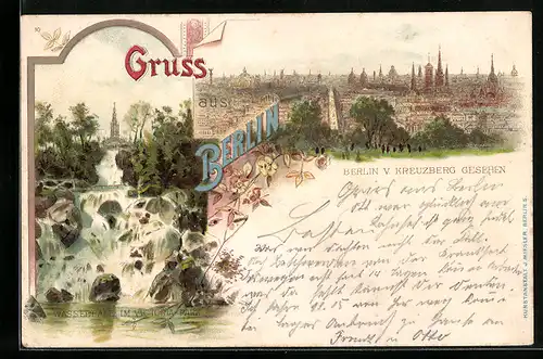 Lithographie Berlin-Kreuzberg, Ortsansicht vom Kreuzberg aus, Wasserfall im Viktoria-Park