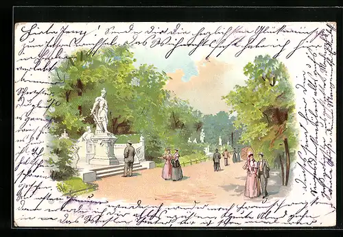 Lithographie Berlin-Tiergarten, Spaziergänger in der Siegesallee