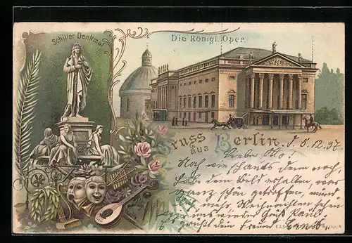 Lithographie Berlin, Schiller Denkmal, Königl. Oper