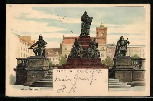 Lithographie Berlin, Neuer Markt, Luther-Denkmal