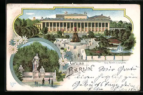 Lithographie Berlin, Denkmal Albrecht II., Kgl. Museum mit Lustgarten