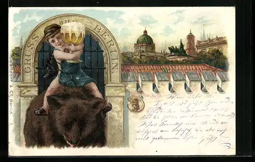 Lithographie Berlin, Berliner Kindl auf einem Bären, Stadtwappen, Schlosskuppel