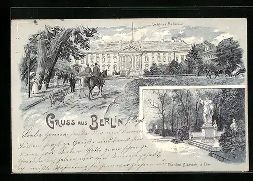 Lithographie Berlin-Tiergarten, Schloss Bellevue, Denkmal Albrecht