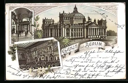 Lithographie Berlin-Tiergarten, Das neue Reichstagsgebäude, Sizungssaal, Wandelhalle