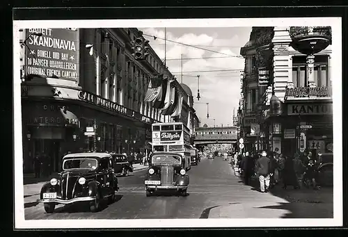 AK Berlin, belebte Friedrichstrasse, Autos und Bus, Werbeschild Ballet Skandinavia