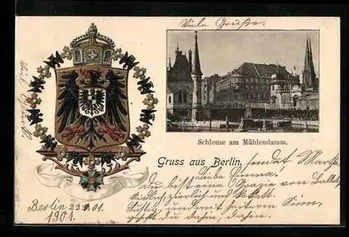 Passepartout-Lithographie Berlin, Schleuse am Mühlendamm, Reichswappen