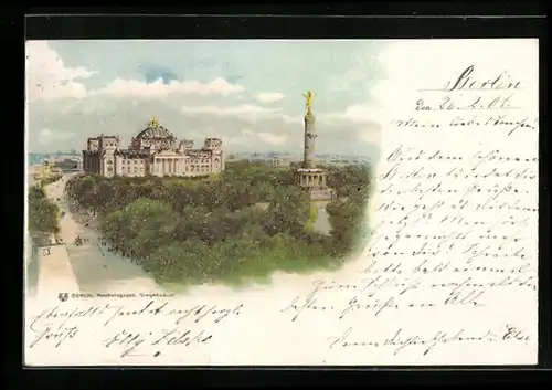 Lithographie Berlin-Tiergarten, Reichstag und Siegessäule