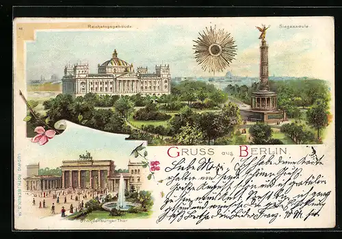 Sonnenschein-AK Berlin-Tiergarten, Siegessäule, Reichstagsgebäude, Brandenburger Thor