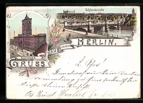 Lithographie Berlin, Schlossbrücke und Rathhaus aus der Vogelschau