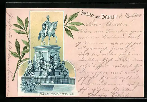 Lithographie Berlin, Denkmal Friedrich Wilhelm III., Lorbeerzweig