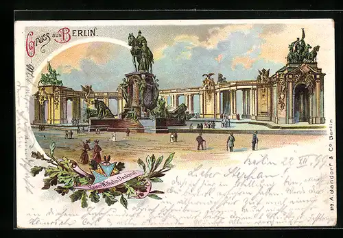 Lithographie Berlin, Flaneure am Kaiser Wilhelm-Denkmal