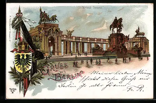 Lithographie Berlin, National Denkmal, Fahne mit Krone und Wappen