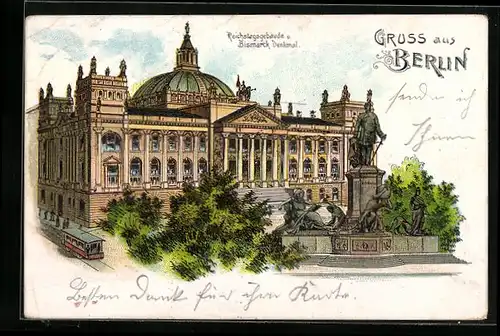 Lithographie Berlin, Reichstagsgebäude und Bismarck-Denkmal mit Strassenbahn