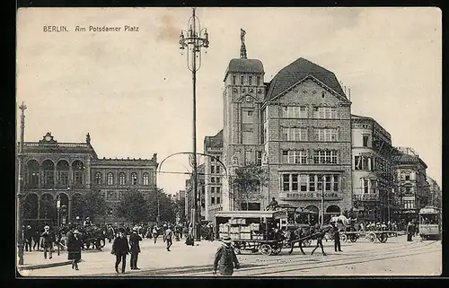 AK Berlin-Tiergarten, Gasthaus Bierhaus am Potsdamer Platz, Strassenbahn, Pferdegespann