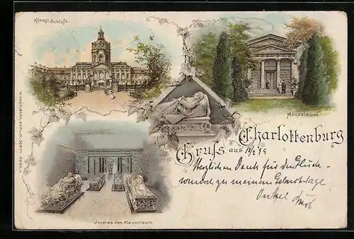 Lithographie Berlin-Charlottenburg, Kgl. Schloss, Mausoleum, Aussen- und Innenansicht