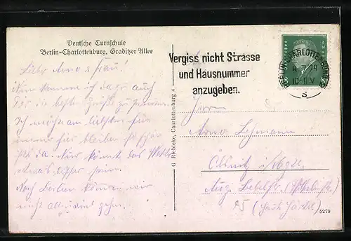 AK Berlin-Charlottenburg, Deutsche Turnschule, Graditzer Allee