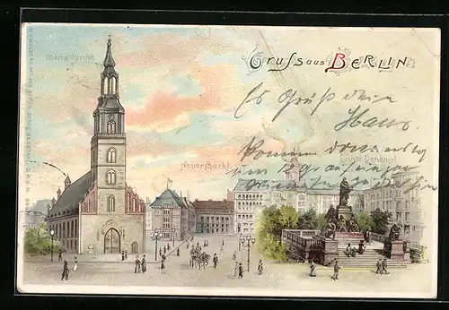 Lithographie Berlin, Neuer Markt, Luther-Denkmal und Marienkirche