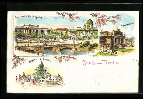 AK Berlin, Schauspielhaus, Schlossbrücke und Lustgarten, Begas-Brunnen